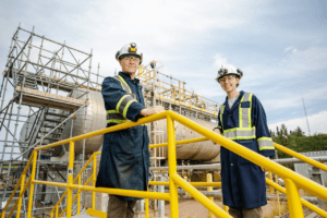 Nuclear Energy workers work at a processing facility.
